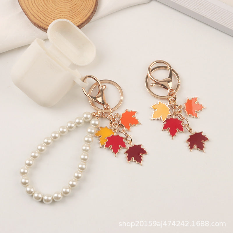 Wholesale Pearl Maple Leaf Metal Keychains